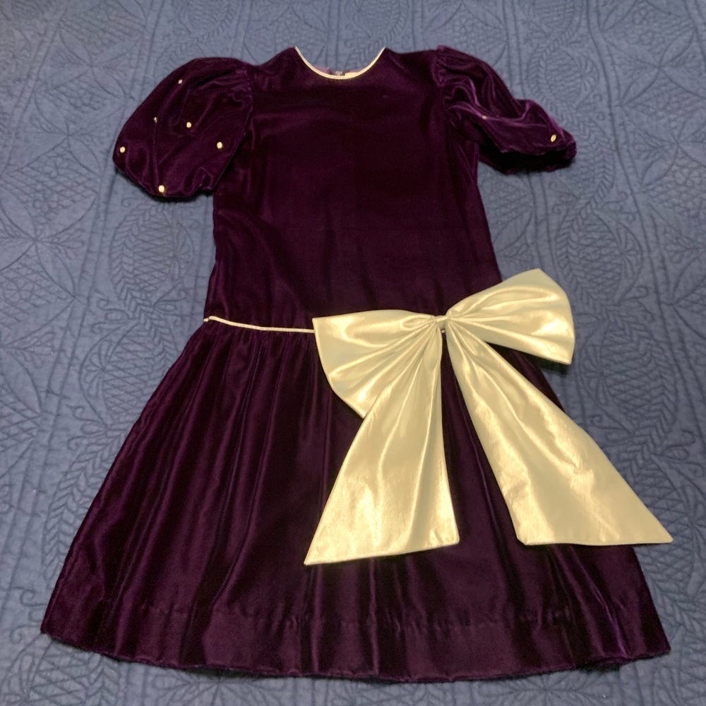 CHRISTIAN DIOR Jeunesse Vintage Purple Soft Velvet Dress Silver Bow Rhinestones